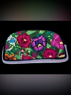 Colorful Handmade Floral Embroidered Clutch/Cosmetic Case- Pink, Purple & Green